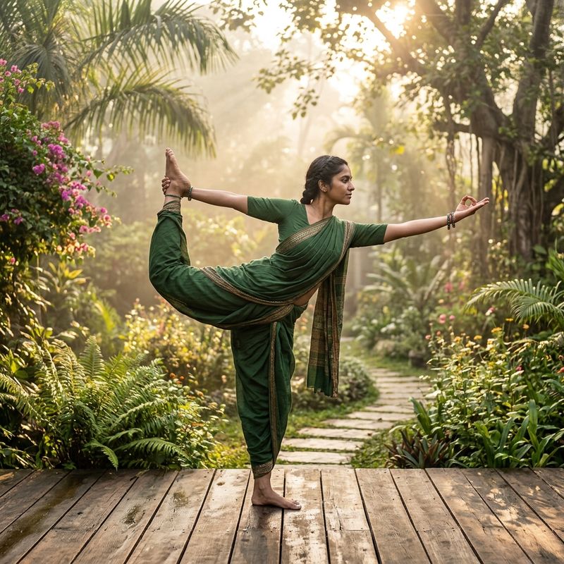 Indian Yogini practicing traditional yoga in a serene outdoor setting